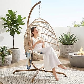 NICESOUL Hanging Egg Chair with Stand Indoor Outdoor, Comfy Patio Rattan Swing Hammock Chairs with Cushion, 350lbs Capacity Egg Shaped Chair for Lawn Backyard Balcony Bedroom, Birthday Gift, Beige