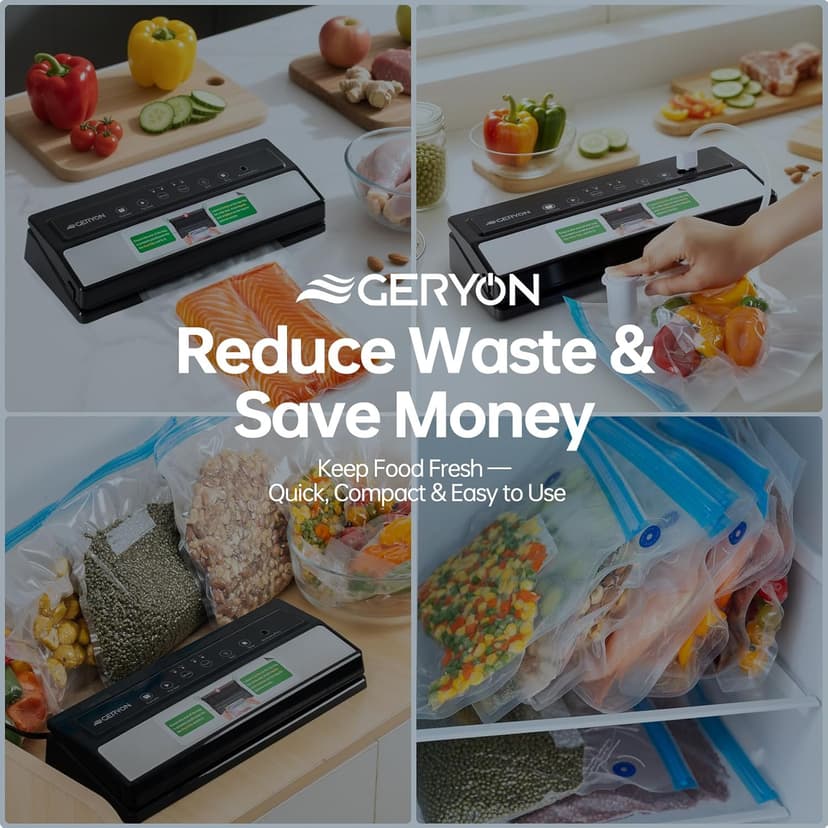 GERYON Vacuum Sealer Machine – Automatic Food Vacuum Sealer for Dry & Moist Food, Compact with LED Touch Panel, Includes Zipper Bags & Roll, Perfect for Sous Vide & Freezer Storage (Silver)