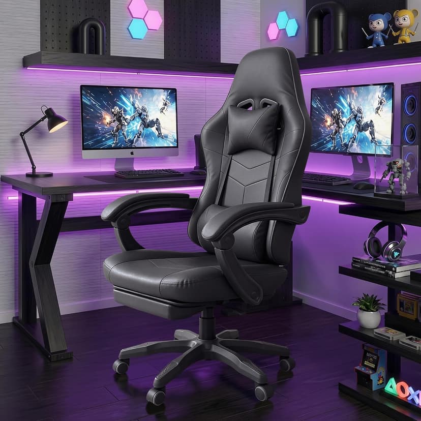 J.M.-Deco Gaming Chair Office Chair-Big and Tall Office Ergonomic Chair with Foot Rest - Comfy Desk Chair with Lumbar Support,Black