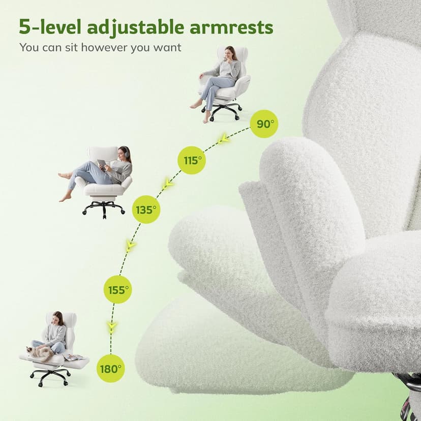 DurayLoly Big and Tall Office Chair with Adjustable Arms and Back, Ergonomic Office Chair with Footrest and Comfortable Fabric for Home Office, Bedroom,White