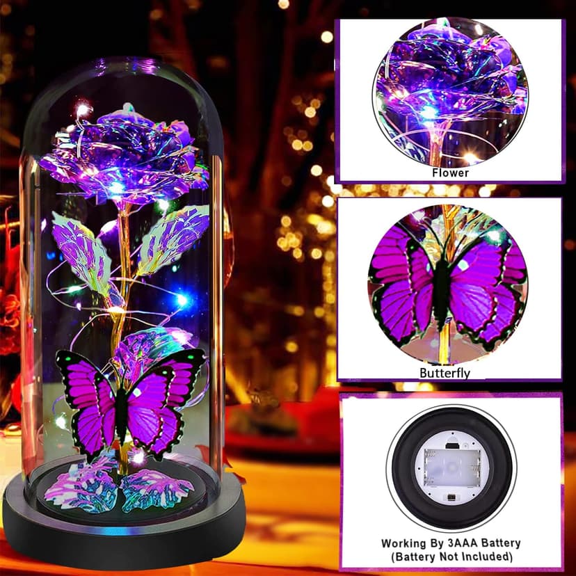 Christmas Rose Gifts for Women, Womens Gifts for Christmas Mom Sister Grandma Wife Her,Galaxy Crystal Light Up Rose Flower in A Glass Dome,Birthday Gifts for Women Butterfly Valentines Presents Purple