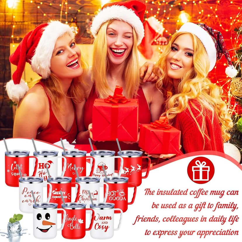 Stainless Steel Insulated Tumbler Bulk, Xmas Cup Straw Lid, for Teacher Coworker Team, Holiday Prints, Office Party Favors Umigy 12 Pcs Christmas Coffee Mug Bulk 17oz Employee Appreciation Gift Cute B0D59Y943Q