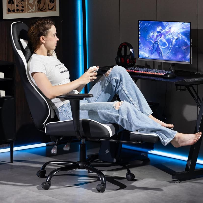 Gaming Chair with Footrest, Ergonomic PC Desk Chair with Headrest and Massage Lumbar Support, Video Game Chair with Height Adjustable High Back for Home Office, PU Leather, White