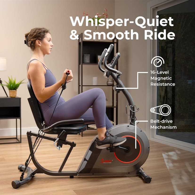 Sunny Health & Fitness Smart Heavy-Duty Recumbent Bike w/Wide Cushioned Seat & Back, Indoor Cycling Machine for Adult/Seniors Home Exercise, Free SunnyFit App Connect, Optional Workout Training Bands
