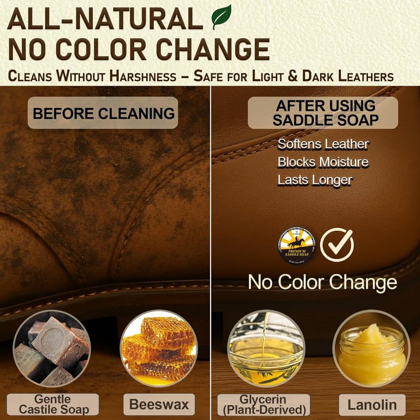 Feilove Saddle Soap for Leather – All-Natural 3-in-1 Leather Cleaner & Conditioner Kit with Horsehair Brush & Cloth – For Boots, Bags, Saddles, Car Interiors, Shoes 3.52oz