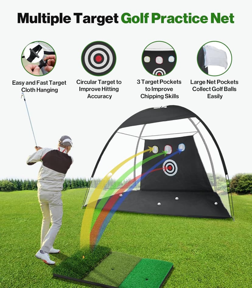 Golf Net: 10 x 7ft Golf Hitting Practice Net for Backyard Driving, Indoor & Outdoor Chipping Training Net with Mat, Targets & Balls, Ideal Gifts for Christmas Him Men Dad Husband Grandpa Boys Golfers