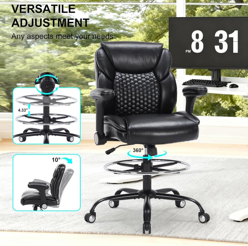 Drafting Chair, Tall Office Chair with Adjustable Armrests Mid-Back Standing Desk Chair with Footrest Ring, PU Leather High Executive Desk Chair Counter Height Office Chair for Home and Office, Black