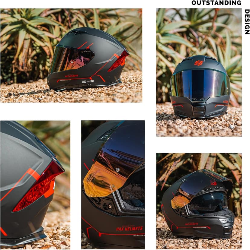 HAX Force Aerodynamic Full Face Helmet for Street & E-Bikes DOT & ECE Certified - Enhanced Dual Visor, Adult Size, Pinlock Ready Matte Black Red M