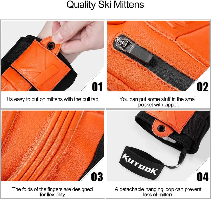 KUTOOK Winter 3 Fingers Ski Mittens Goatskin Thermal 3M Thinsulate Waterproof Snowboarding Gloves with Pocket for Men Women