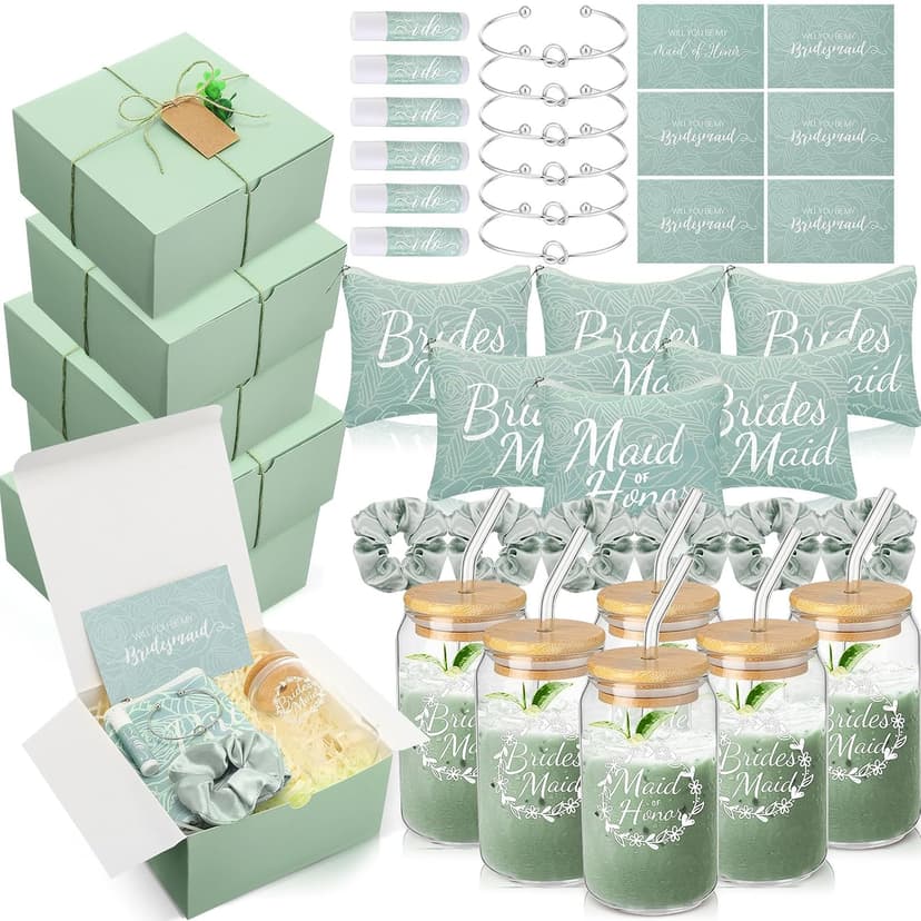 54 Pcs Bridesmaid Proposal Gifts, Maid of Honor Gift Include Wedding Gift Box Makeup Bag Invited Card Glass Cup Lip Balm Scrunchie Bracelet for Bridal Shower Bachelorette Party(Green)