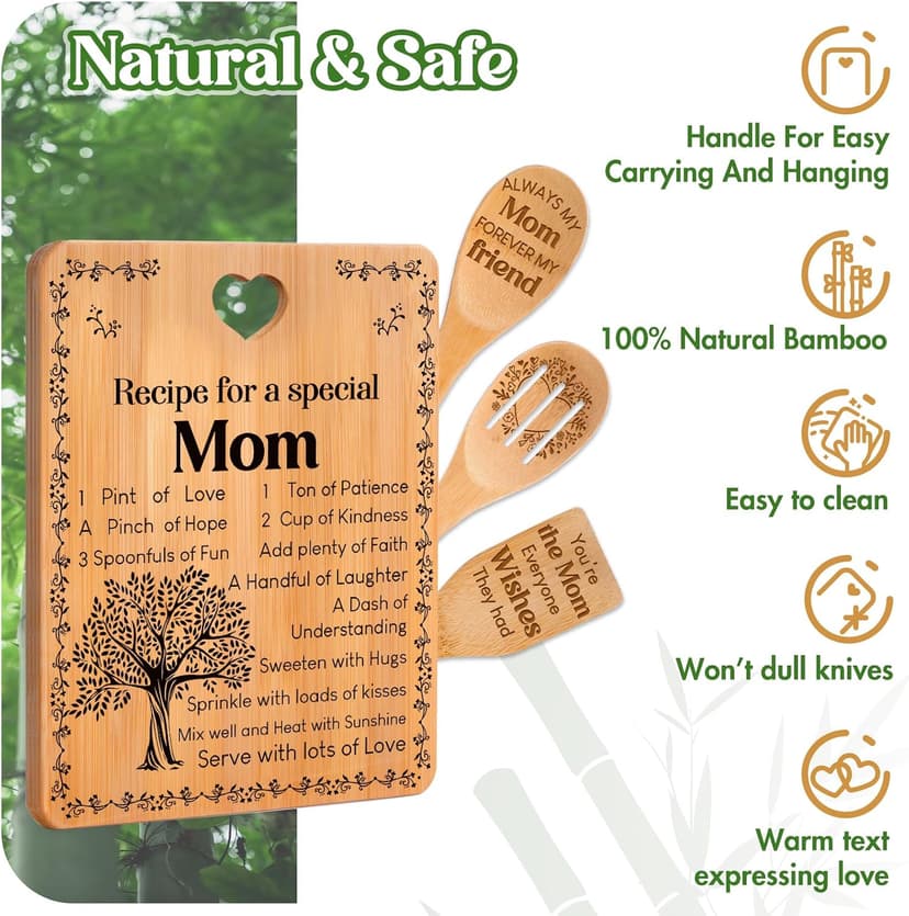 4-Piece Engraved Bamboo Mom Mother Mommy Cutting Board Set from Daughter or Son for Birthdays, Christmas, Mother's Day Birthday Gifts for Mom, "Recipe for a Special Mom" Cutting Board Set B0CXXM43B5