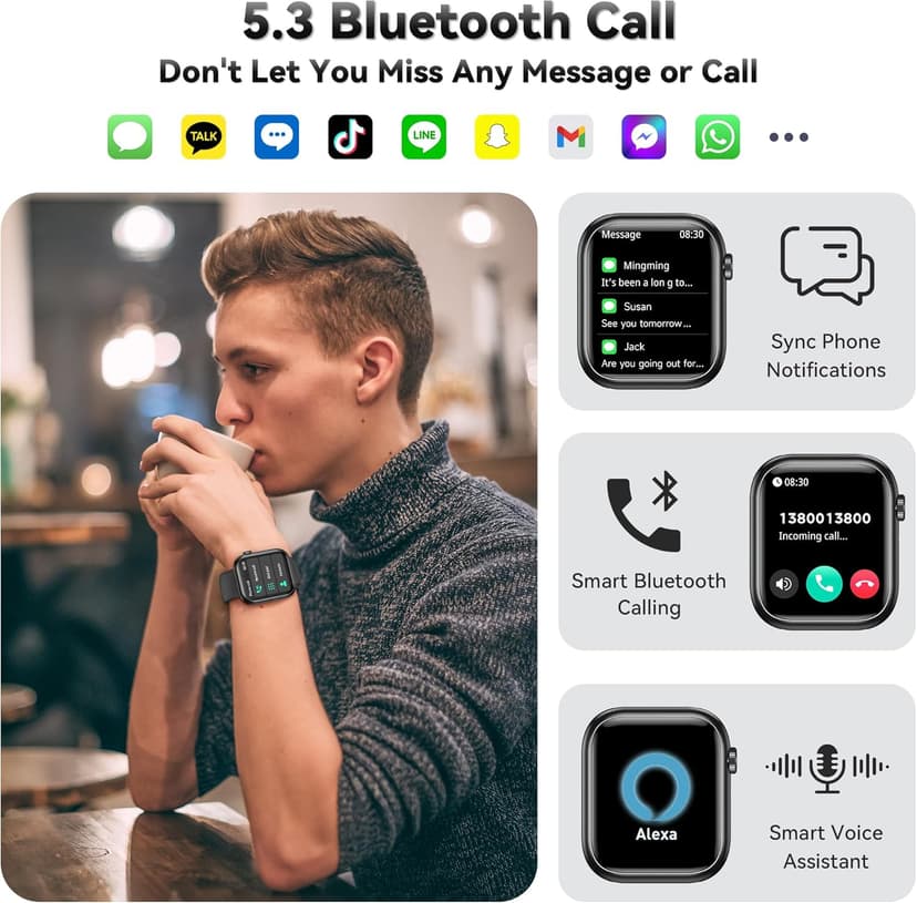 Smart Watch for Men Women(Answer/Make Call), 1.83" Fitness Watch with Heart Rate/Blood Pressure/Blood Oxygen, Pedometer, Sleep Tracker,120+ Sport Modes, IP68 Waterproof Fitness Tracker for Android iOS