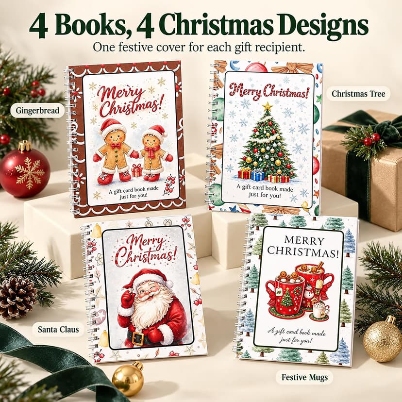 4 spiral-bound Christmas gift card books in 4 designs; each has 10 interior sheets plus front and back covers. DOTH Christmas Gift Card Book, 4 Pack, Spiral Bound for Holiday Gift Giving B0HJCRRFKL