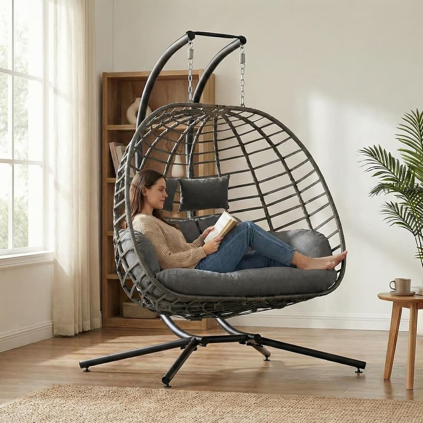SWITTE Double Egg Swing Chair with Stand, Outdoor Patio 2 Person Hanging Wicker Hammock Chairs with Cushion for Indoor Bedroom, Lawn, Garden-Dark Grey