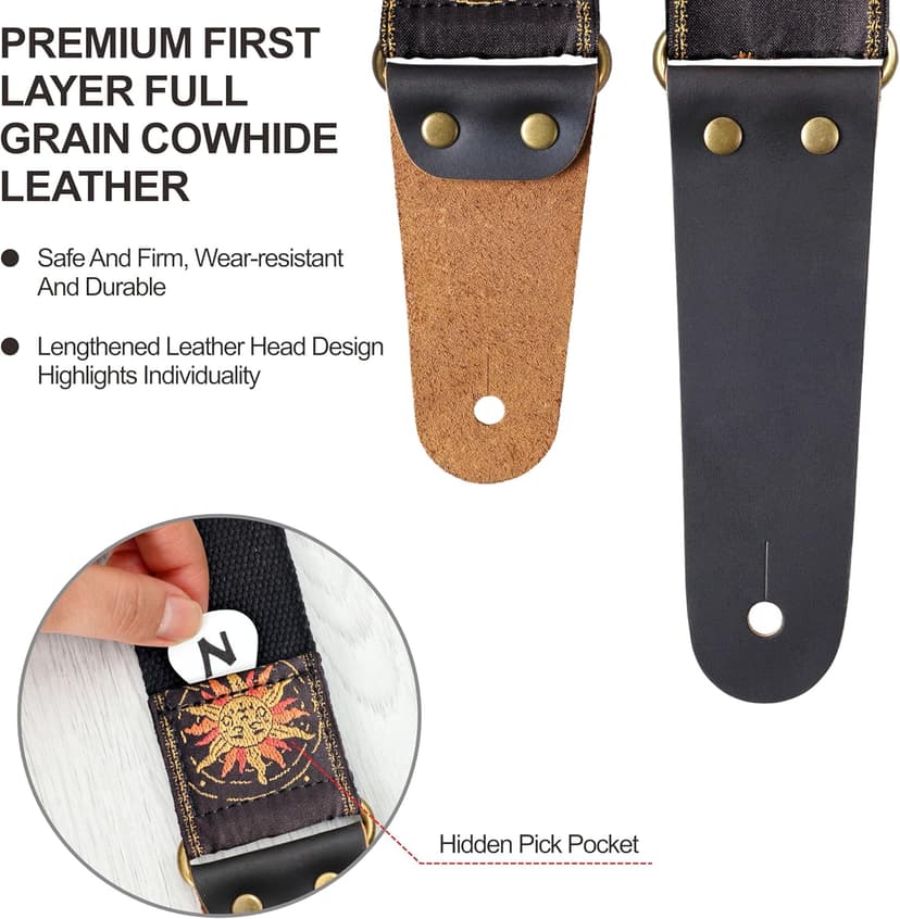Nefelibata Guitar Strap, Sun & Moon Embroidery Guitar Straps with Head Cowhide Leather Ends for Bass, Electric & Acoustic Guitars, Free Strap Button, 1 Pair Strap Locks and 4 Guitar Picks