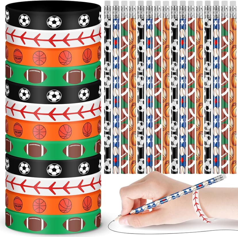 Sabary 48 Pcs Sports Pencils Silicone Bracelets Set Soccer Football Basketball Baseball Wooden Pencil Rubber Wristbands for Birthday Gifts Sports Party Favors(Multi Balls)