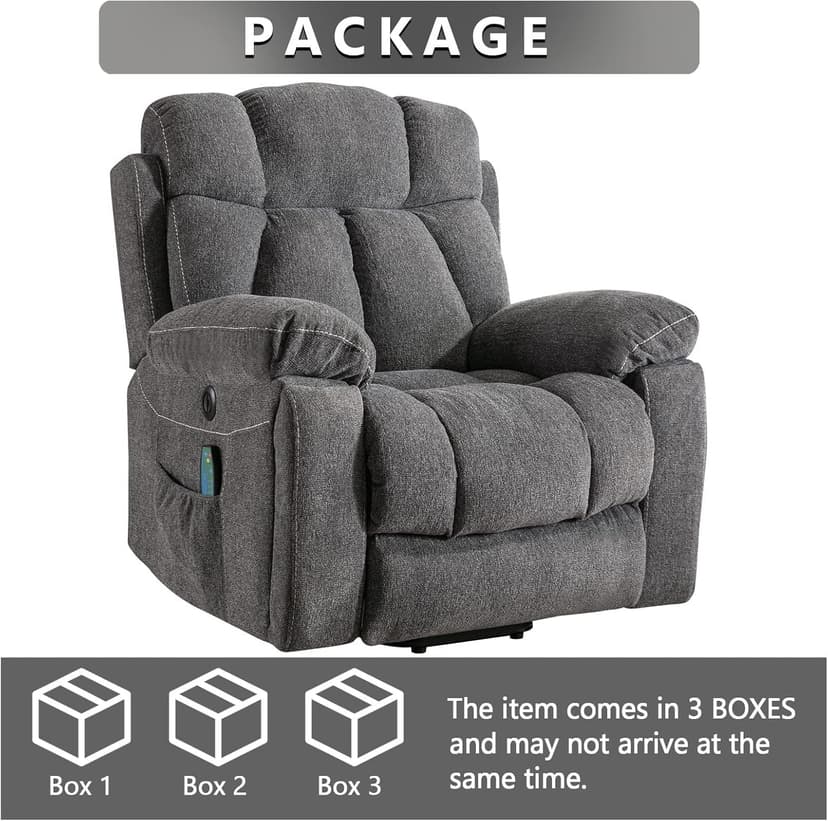 CANMOV Large Power Lift Recliner Chairs with Massage and Heat for Elderly Big People, Heavy Duty Motion Reclining Mechanism-Anti Skid Fabric Recliner Chair with 2 Concealed Cup Holders,Dark Gray