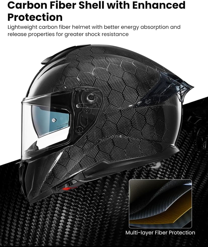 ILM Carbon Fiber Motorcycle Helmets Lightweight Full Face Dual Visor Helmet with Rear Wing Pinlock Compatible Motorbike Street Bike DOT ECE Men Women Model 861C (Snake-Effect CarbonFiber, M)