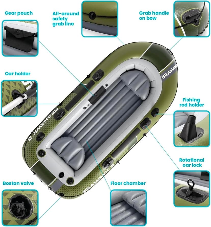 INTEX Seahawk Inflatable Boat Series: Includes Boat Oars and High-Output Pump - Fishing Rod Holders - Gear Pouch