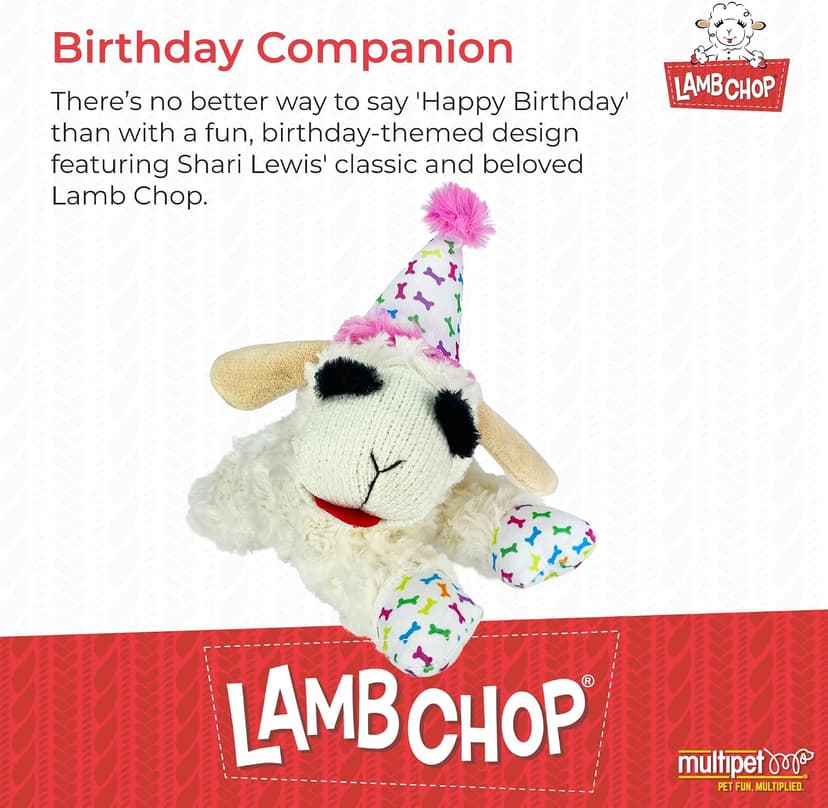 Soft Plush Dog Toy, Stuffed Animal Dog Toy For Playing, Cute Birthday Toy 10.5”, Pink Hat, 5 Squeakers Multipet Lamb Chop Dog Plush Toy with Birthday Hat - Squeaky Dog Toy B0BKH23JXC