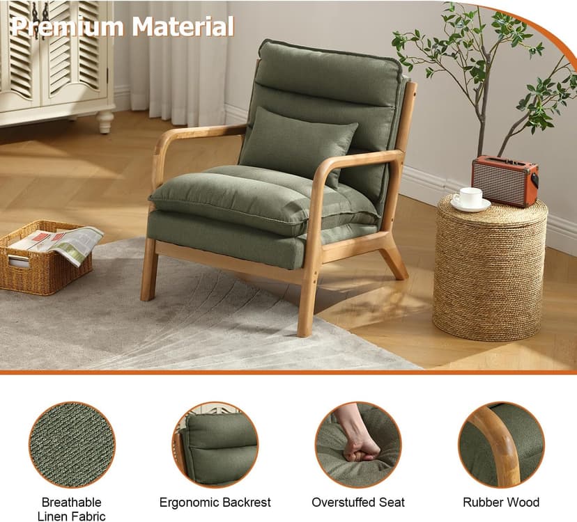 INZOY Mid Century Modern Accent Chair with Wood Frame, Upholstered Reading Armchair with Waist Cushion, Double Padded Accent Chair, Side Chair for Living Room Bedroom Office, Easy Assembly, Green