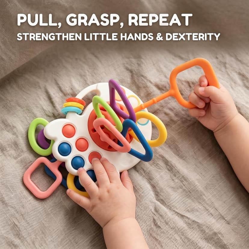 Silicone Teething and Car activities, Baby Shower Gifts for Infant 6-12 Months, 1 Year Old Boy and Girl Montessori Pull String Sensory Toy for Toddlers B0GZ3TLLZM