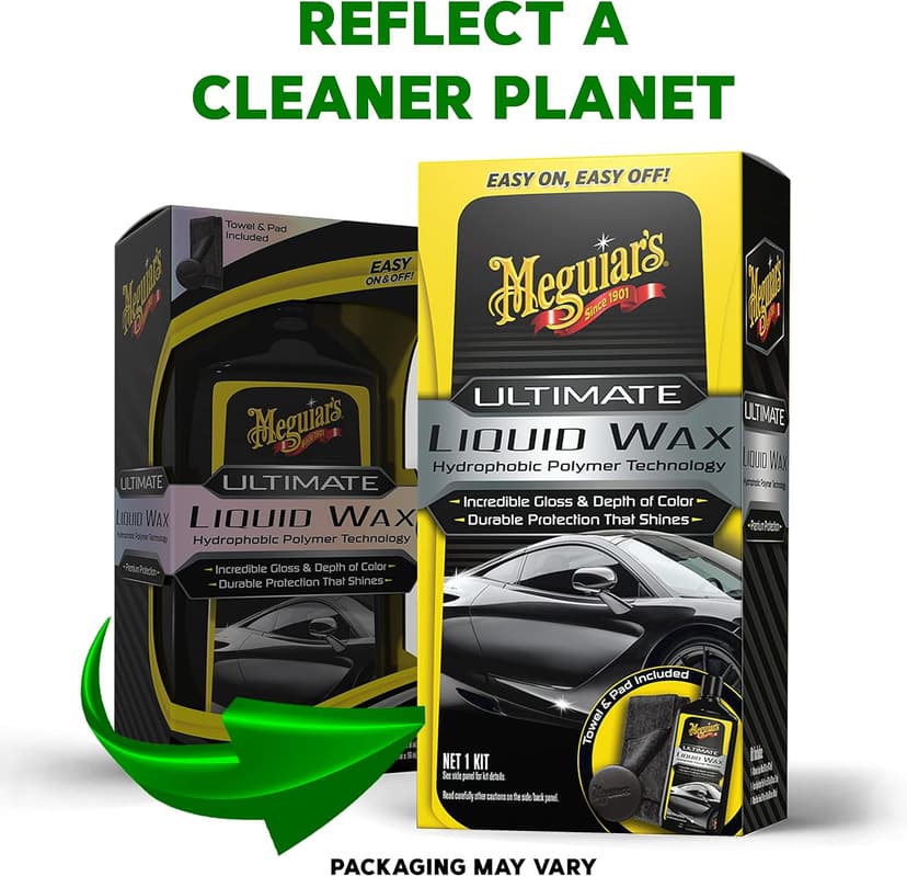 Meguiar's Ultimate Liquid Wax, Improved Liquid Car Wax Formula for Durable Protection that Shines, Premium Towel and Applicator Pad Car Accessories Included, 16 Oz Bottle