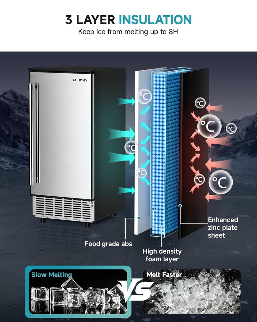 EUHOMY Under Counter Ice Maker with Drain Pump, 100 lbs/Day Ice Machine, Auto-Cleaning & 24H Timer, Stainless Steel Commercial Ice Maker with 24 lbs Storage for Home/Bar/Cafe/Restaurant