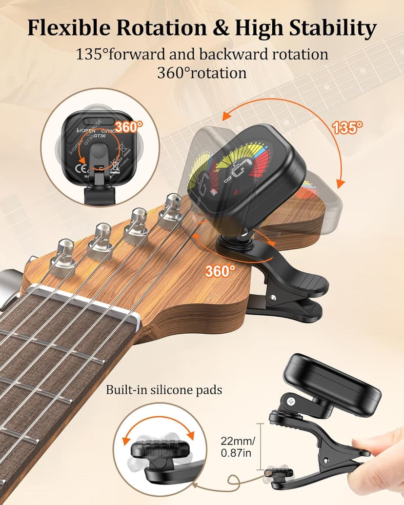New Bee Guitar Tuner Clip-On Rechargeable with Color Screen 360° Rotatable Acoustic Chromatic Open Tuning for Guitar, Bass, Ukulele, Violin, Cello(Black, 1 Pack)
