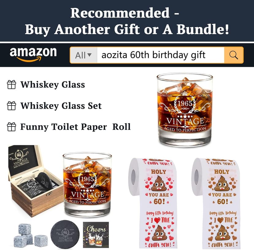 AOZITA 60th Birthday Gifts for Men - 60th Birthday Decorations for Men, Party Supplies - 60th Anniversary, Bday Gifts Ideas for Him, Dad, Husband, Friends - 11oz Whiskey Glass