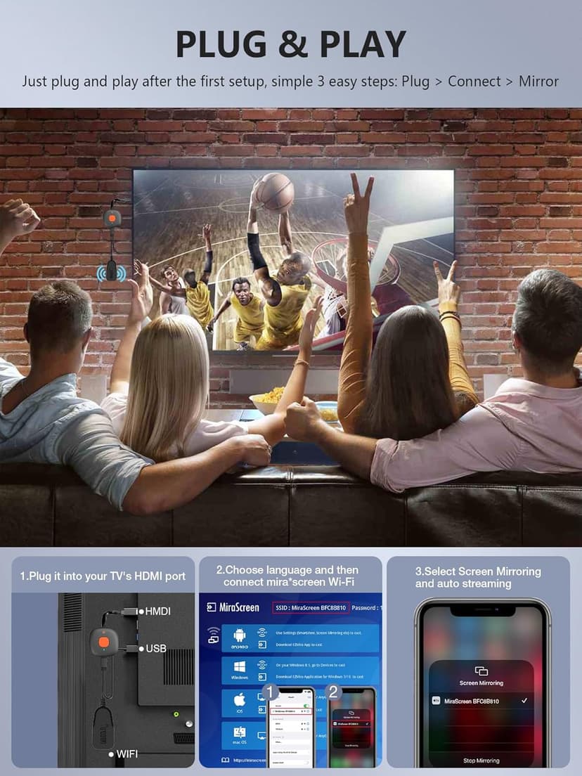 Wireless HDMI Display Dongle Adapter 4K, TIMBOOTECH WiFi HDMI Dongle Adapter Casting Video Receiver for Phone/Pad/OS/Android/PC/MacOS to TV/Projector/Monitor, Support Miracast, DLNA, Airplay