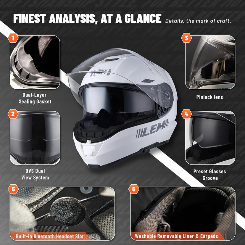 LEM Motorcycle Helmets Full Face, Helmets for Men DOT Certified, PINLOCK & DVS Dual Vision, Motorcycle Street Bike Helmet for Adults Fiberglass Shell Bluetooth Ready for Cruiser(White, Size M)