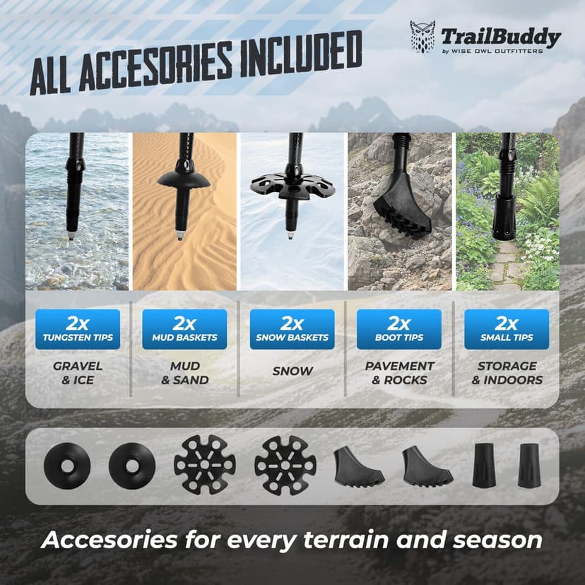 TrailBuddy 3K Carbon Fiber Hiking Poles - Collapsible Lightweight Trekking Poles for Hiking - Adjustable Walking Sticks for Women, Men, Seniors with All-Terrain Tips, Baskets & EVA Grips