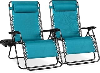 Best Choice Products Set of 2 Extra Wide Adjustable Steel Mesh Zero Gravity Lounge Chair Recliners w/Pillows and Cup Holder Trays - Peacock Blue