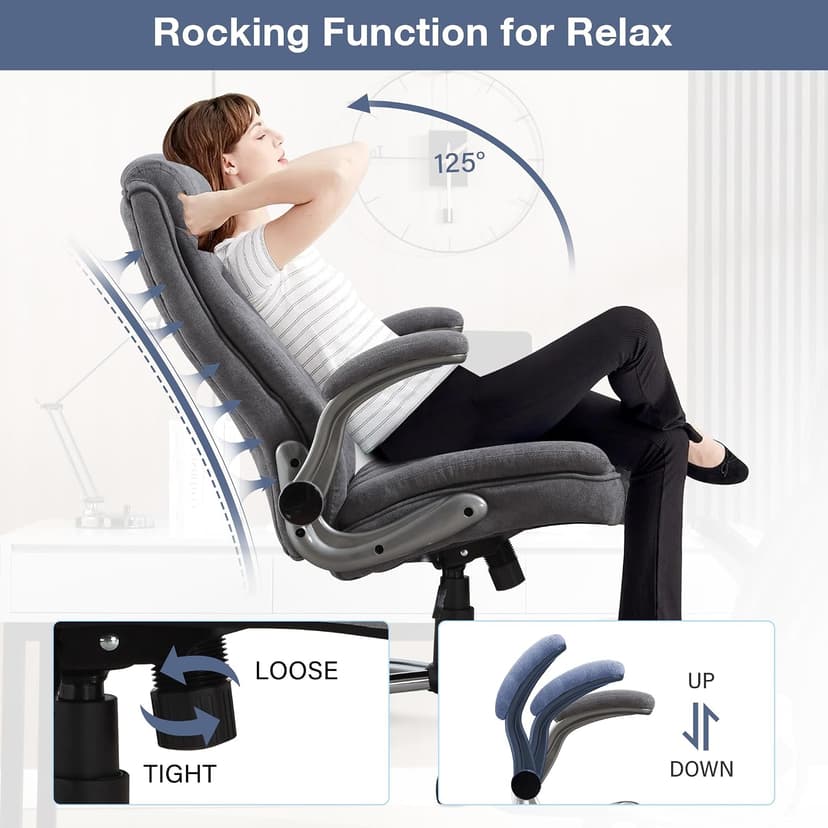Big and Tall Fabric Office Chair 400lbs High Back Executive Computer Desk Chair with Flip Up Armrest, Breathable Fabric Adjustable Height Ergonomic Home Office Heavy Duty