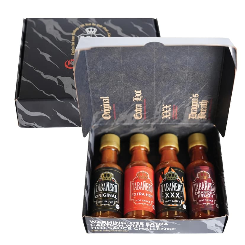 1.7 oz Mini Glass Bottles, Original, Extra Hot, XXX and Dragon's Breath, Gluten Free, All Natural, Low Sodium, Vegan, Kosher Tabañero Challenge Box, Hot Sauce Gift Set, 4-Pack B0CJYJ7KW9