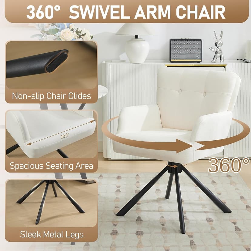 WUTUTUEE Fabric Dining Chair Modern Upholstered Swivel Dining Room Chairs Comfy Accent Armchair with Mid Back, Desk Arm Chair No Wheels for Kitchen/Living Room/Home Office, White