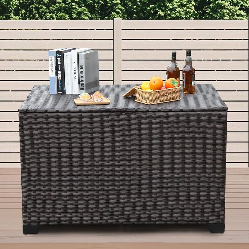140 Gallon Outdoor Storage Box Wicker Pool Storage Bin with Waterproof Lining Bag Deck Box and Cushion Storage Bin Outdoor, Brown