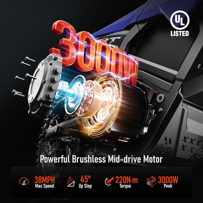 Electric Dirt Bike for Adults Teens, 3000W Brushless 220Nm Motor - 45° Slope, 38 MPH, 48V/23.5Ah Removable Battery, Dual Hydraulic Brakes & Full Suspension Electric Motorcycle for Age 13+