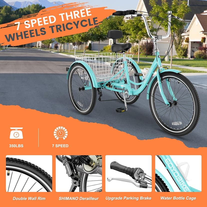 MOONCOOL Adult Tricycles 3 Wheel 7 Speed Trikes, 20/24/26 inch Adult Trikes 3 Wheeled Bike with Basket for Seniors, Women, Men