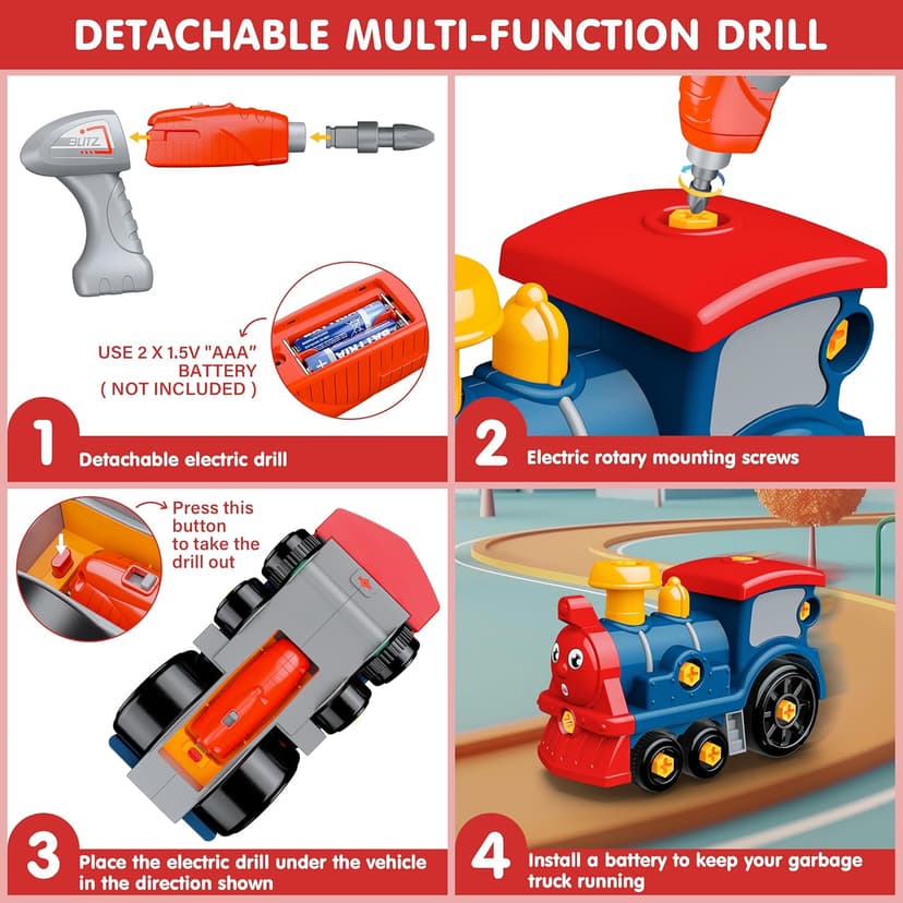 BASUN Toddler Take Apart Toy Set with Electric Drill, DIY Electric Train Assembly, STEM Building Learning Toys, Xmas Gifts for 3-8 Year Old Boys & Girls
