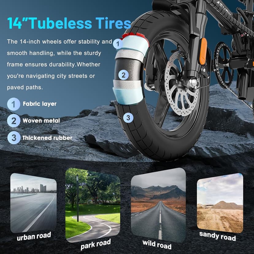 Foldable Electric Bike for Adults and Teens, 700W Peak Motor Ebike with 30-60 Miles PAS Range, 14" Folding Mini E Bike for Commute, Electric Bicycle with 48V Removable Battery