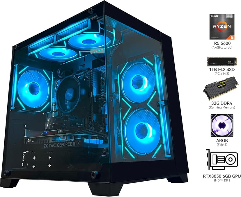 SKYESEV Gaming Desktop Computer PC,AMD Ryzen 5 5600,RTX3050 6GB,32GB RAM and 1TB M.2 NVMe PCle,ARGB Fan,WiFi,Game Design Office Console,Sea View Room,Prebuilt Gaming PC Tower