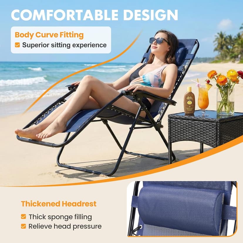 Zero Gravity Chair Set of 2, Adjustable Folding Reclining Lounge Chairs with Mesh Back, Adjustable Pillows & Cup Holder Trays, Outdoor Patio Lawn Chairs for Pool, Beach & Camping, Blue