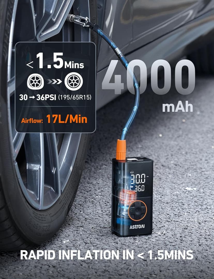 For Car Tires, Bikes, Motorcycles and Balls; Auto Shut-off, Digital Display Pressure Gauge, Fast Inflation, LED Light AstroAI L7 Tire Inflator Portable Air Compressor,150 PSI Cordless Bike Pump B0CS3B7MD8
