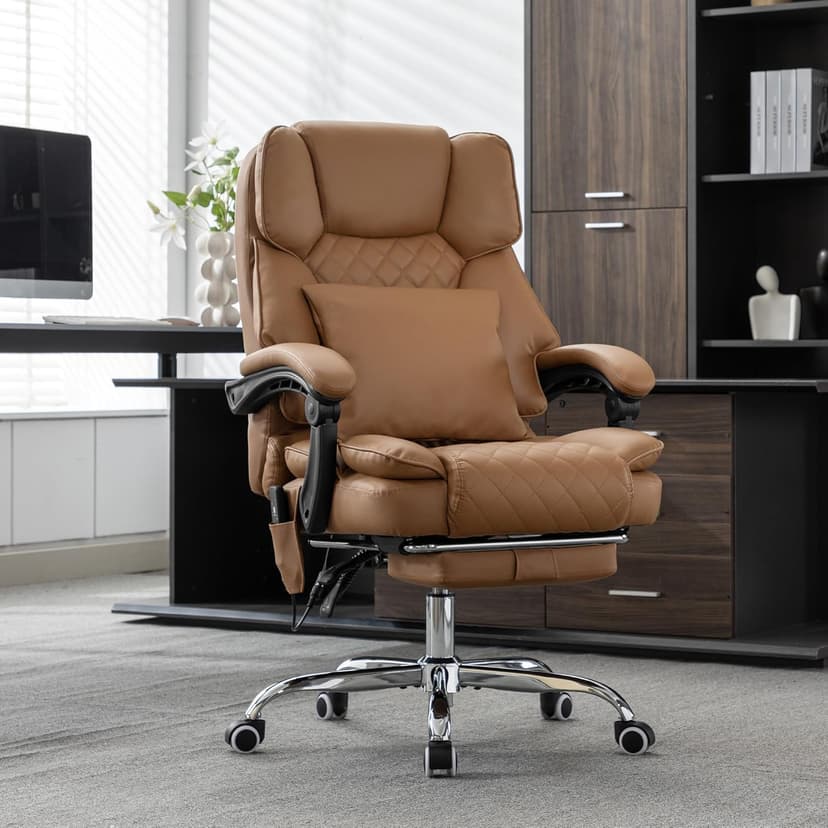 Kneading Massage Office Chair with Heated,90-135° Reclining Executive Office Chair with Footrest,Computer Desk Chair with Wheels,Diamond-Stitched Cushion Leather Office Chair,Brown