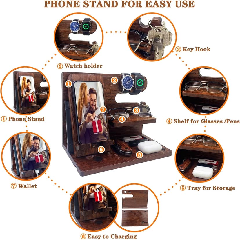 VEIYAILU Gifts for Men Boyfriend Him Brother Nightstand Organizer Gift for dad from Daughter Son Wood Phone Docking Station Anniversary Birthday Gifts (Walnut) B0GC5FQY5H