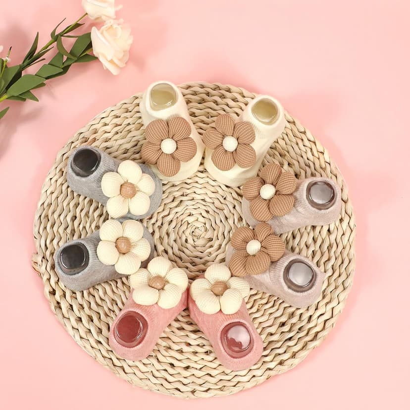 4Packs Baby Girls Socks,Flower Non-Slip Grips for Babies Toddler Princess Low Cut Ankle Socks for Girls