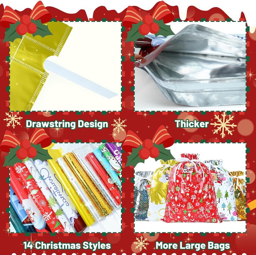 14 Styles Colorful Xmas gifts Bags with 20 Cards for Gifts Holiday Present Wrapping Xmas Decor 20 Pcs Christmas Drawstring Gift Bags, Assorted Sizes with More Large Bag. B0H7MP6FX5