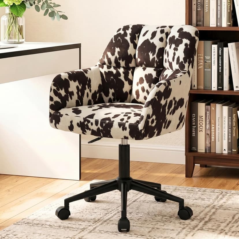 CIMOTA Cow Print Office Chair with Wheels, Height Adjustable Swivel Desk Chair with Arms & Mid Back, Comfy Fabric Vanity Computer Chair for Home Office/Living Room/Bedroom
